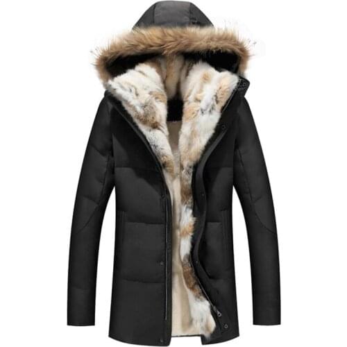 New Japanese and Korean thick winter jacket mens duck down mens cashmere fleece coat coat rabbit fur hooded parka novelty
