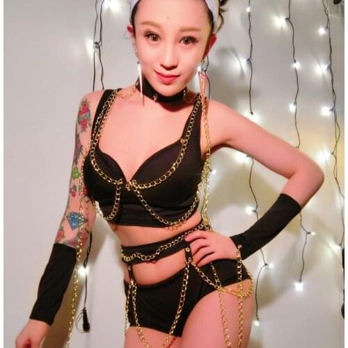New Nightclub Bar Djds Female Singer GOGO Performance Costumes Sexy Black Metal Chain Suit Jazz Dance Costume For Women DWY4079