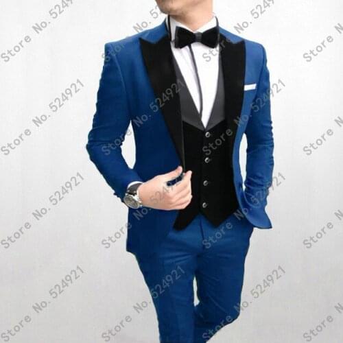 New Style Groomsmen Peak Velvet Lapel Groom Tuxedos Blue+Black Men Suits Wedding Best Man (Jacket+Pants+Bow Tie+Vest) C634