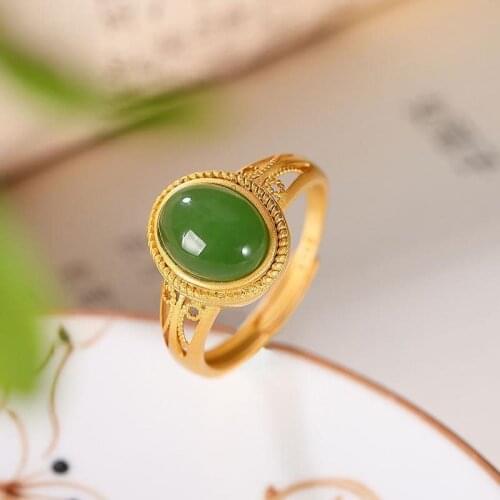 Original S925 Sterling Silver Gold Plated Natural Hetian Jade Green Jade Creative Archaistic Womens Versatile Opening Ring Ring