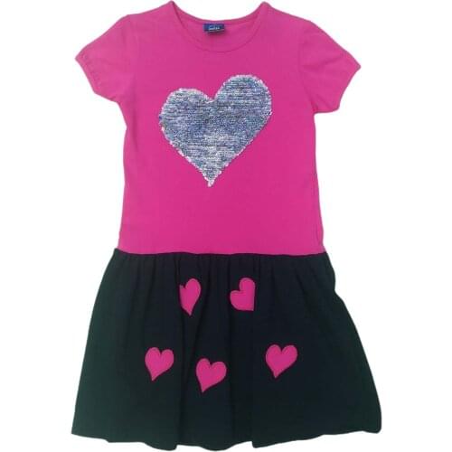 Female Child Pink-Dark Blue Bi-Directional Change Color Sequin Heart Appliqués Dress ÇKE-PK 430322701