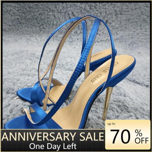 Women Stiletto Thin Iron High Heel Sandal Sexy Ankle Strap Buckle Open Toe Blue Satin Party Bridals Ball Lady Shoe 3845-i3