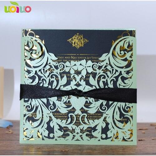 DIY customzied inc269 green Wedding invitations Card ,pocket card tied black bow,print insert,envelope