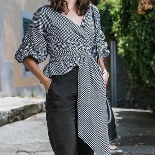 White Office Lady Elegant Lantern Sleeve Surplice Peplum Off The Shoulder Plaid Blouse Autumn Sexy Women Tops And Blouses