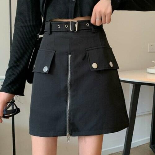Lady Short Skirt with Belt A Line Mini High Waist Harajuku Gothic Punk Black
