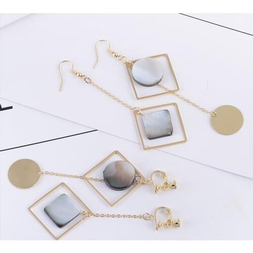 Vintage Copper Gold Color Round Square Shell Clip on Earrings Without Piercing for Women Party Long Chain Earrings Not allergic
