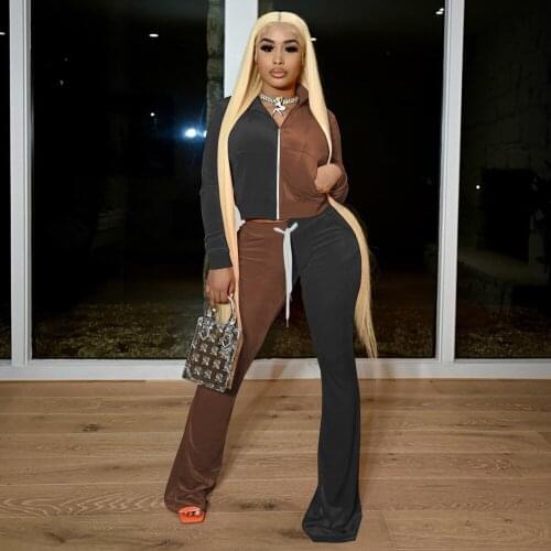 Velvet Outfits Women 2 Two Piece Pant Suit Contrast Color Long Sleeve Hoodie and Bell Bottom Trouser Velour Matching Tracksuit