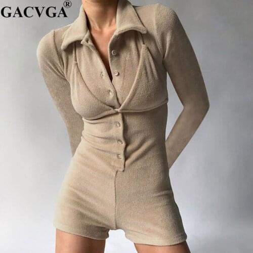GACVGA New Women Khaki Playsuit Two Piece Set Autumn Winter Jumpsuit Long Sleeve Turn-down Collar Casual Sexy Romper Outfits