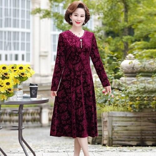 Elegant Autumn Winter Velvet Dress Women Jacquard V Neck Long Sleeves French Vintage Calf Length Dresses vestidos