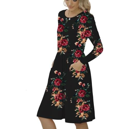 2020 Winter Women Flower Pattern Fashion Elegant Casual Party Dress O Neck Long Sleeve Winter Dress Solid Female Vestido