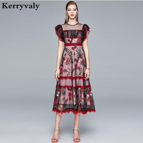 French Fashion Retro Mesh Embroidered Ladies Dress Zomerjurk Dames 2021 Vestidos Midi Robe Vintage Red Night Party Dress K6663