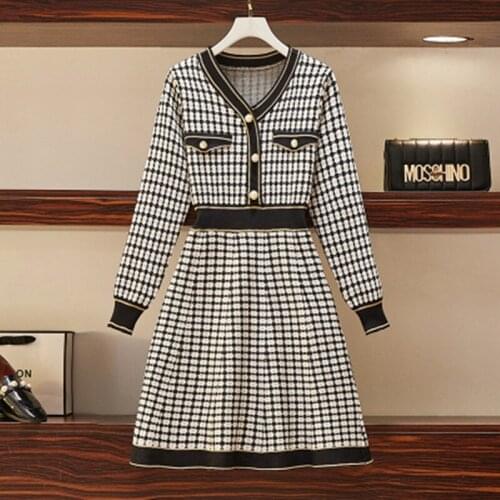 Women Houndstooth Sweater Knitted Dress 2021 New Autumn Winter Long Sleeve Slim Ladies Elegant Party Dress