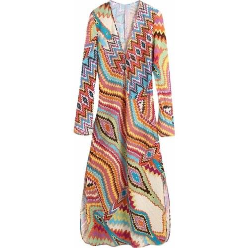 XNWMNZ Women 2021 Fashion With Drawstring Printed Midi Dress Vintage Long Sleeve Side Vents Female Dresses Vestidos Mujer robe