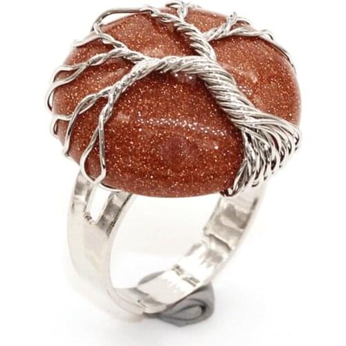 100-Unique Ethnic Style 1 Pcs Silver Plated Wire Wrap Round Golden Sand Stone Adjustable Ring Tree of Lif Jewelry