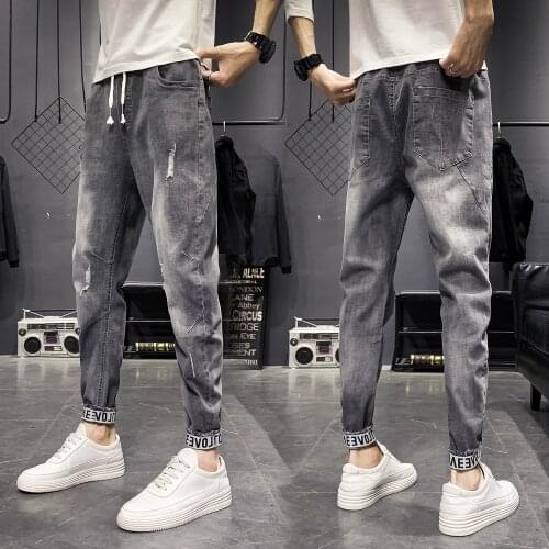 2021 Youth Harlan denim jeans mens spring summer tethered trousers Korean mens casual ankle length teenagers pencil pants