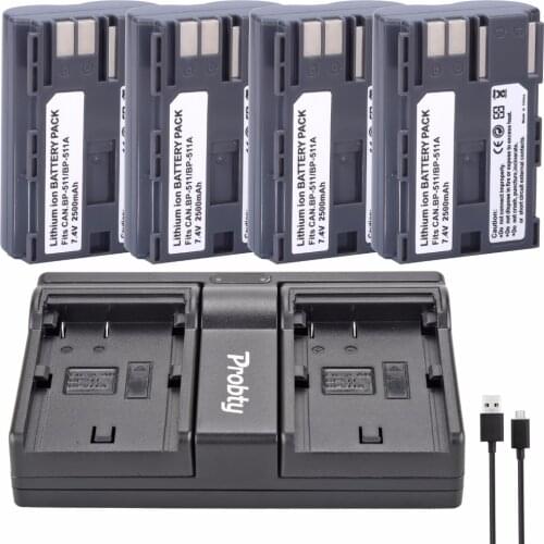 4Pcs BP-511 BP511A Battery + USB Dual Charger For Canon EOS 10D 20D 20Da 30D 40D 50D 300D D30 D60 PowerShot G1 G3 G3X G5 Camera