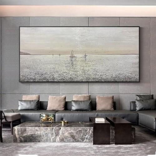 Handmade Abstract Oil Painting In The Sea White Sailboat Interior Decoration Modern Minimalist Art
