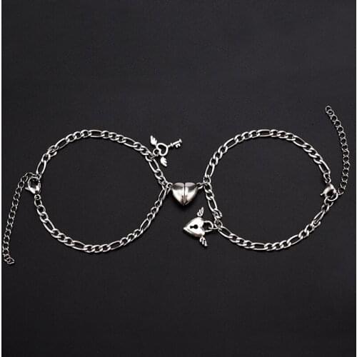 2Pcs/set Heart Shaped Magnet Attraction Bracelet For Couples Stainless Steel Angel Wing Lock Mens Womens Charm Jewelry Gift
