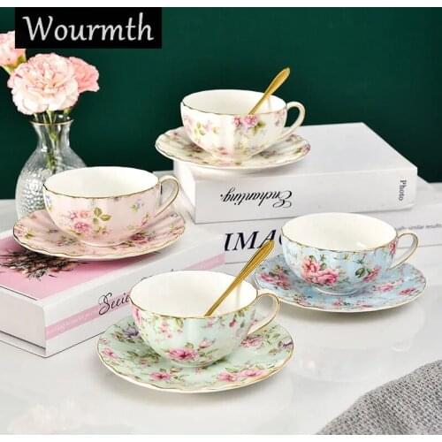 Ldyllic Flowers Tea Set Ceramic Coffee Cup Suit British Style High-Grade Bone China Golden edge Tea Cup And Saucer With A Spoon