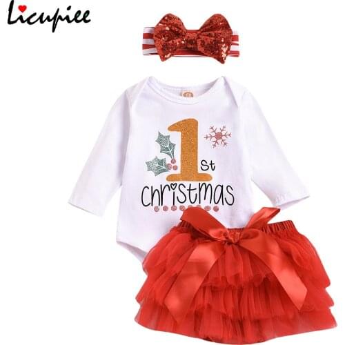 Baby Girl Fashon Letter My First Christmas Outfits, Long Sleeve Romper + Tutu Skirt + Bow Headband 3pcs Clothes Set 0-24 Months