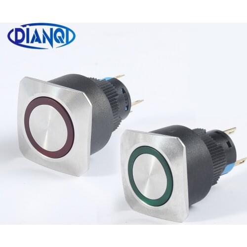 16mm Metal brass Push Button Switch flat Square illumination ring Latching 1NO 1NC Car press button black pin terminal 16fHX.S
