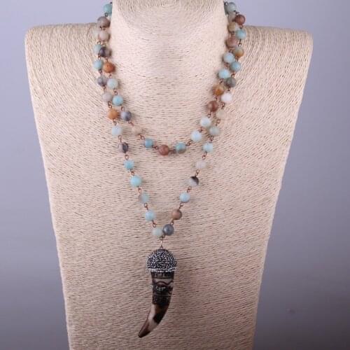 Fashion Bohemian Tribal Artisan Jewelry Rosary Chain Amazonite Stones Ox Horn Pendant Necklace