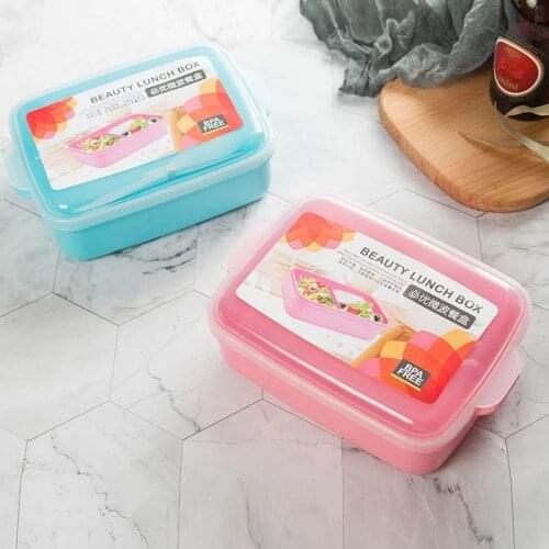 Single-layer Plastic Lunch Box Portable Fruit Fresh-keeping Case With Fork And Spoon Possible Microwave Heating Food Container