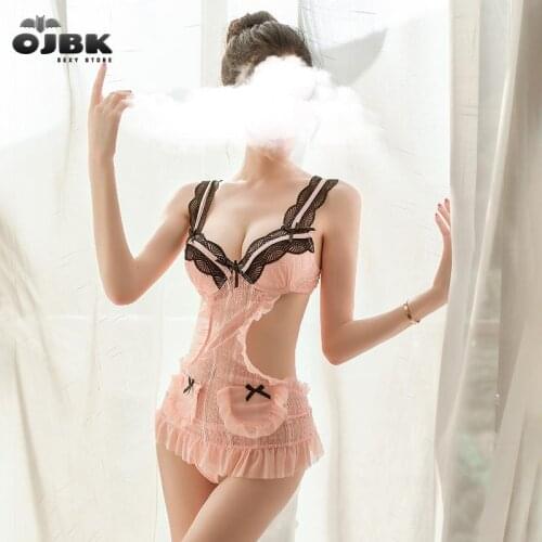 OJBK 2020 Bra Set Desiagn For Women Sexy Maid Cosplay Costumes Pink Slimming Bodydress Sleepwear Cute G-string Live Show Outfit