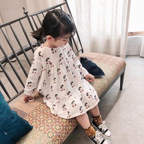 Autumn Winter Long Sleeve Kids Drsses for Girls Cute Cherry Print Linen Baby Girl Clothes 2 3 4 5 6 7 8 Printed Party Dress