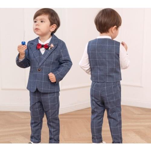 Boys Plaid Jacket+vest Pants Bowtie 4pcs Wedding Suit Gentleman Kids Birthday Dress Children Formal Party Costume 2-12 T