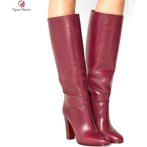 Women Spring Autumn Knee-High Boots Faux Fur PU Super High Square Heel Round Toe Fashion Burgundy Long Boots Large Size 34-46