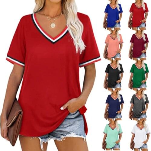 Womens V-neck Solid Color Tops Fashion Popular Solid Color All-match Short-sleeved T-shirt Summer Casual Loose Large Size Pul