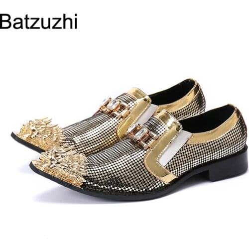 Batzuzhi New Rock Men Shoes Personality Golden Metal Toe Leather Dress Shoes Men Formal Business,Party and Wedding Shoes Men