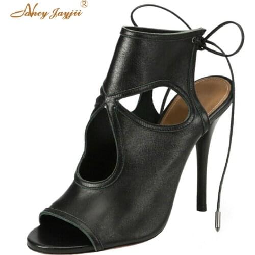 Womens Summer Lace-Up Stiletto High Heel Peep Toe Cut Out Ankle Pumps Large Size 15 44 Handmade Slingback Polyurethane Shoes