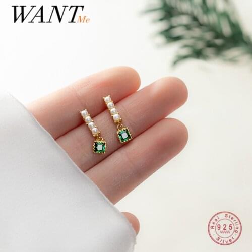 WANTME 925 Sterling Silver Fashion Simple Luxury Green Zircon Pearl Pendant Stud Earrings for Women Spanish Wedding Fine Jewelry