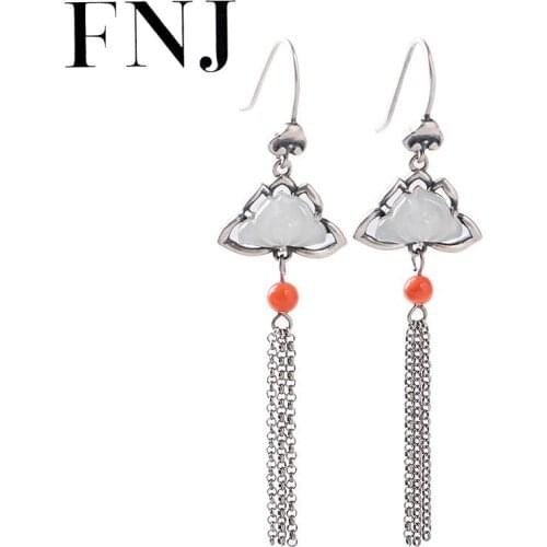 FNJ Hetian Jade Lotus Tassel Earrings 925 Silver Original Pure S925 Sterling Silver Drop Earring for Women Jewelry Red Agate