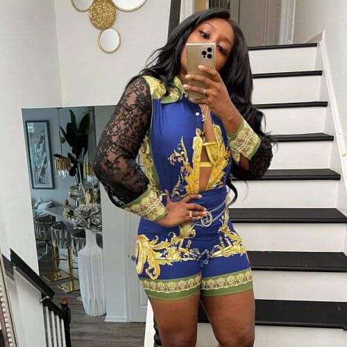 2 Pieces Set Sexy 2021 Summer Autumn Fashion Women Set Female Tops Floral Print Long Sleeve Shirt And Elastic Waist Shorts