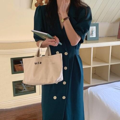Bella 2021 Women Blazer Dress 2021 Summer Korean Chic Temperament Lapel Double-breasted Waist Bubble Sleeves Dress Long Vestidos