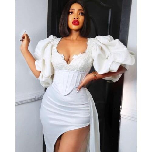 2021Puffy Long Sleeves Slit Women Evening Gowns Sexy Lace Appliques Plus Size Custom Made Elegant White Aso Ebi Prom Dresses