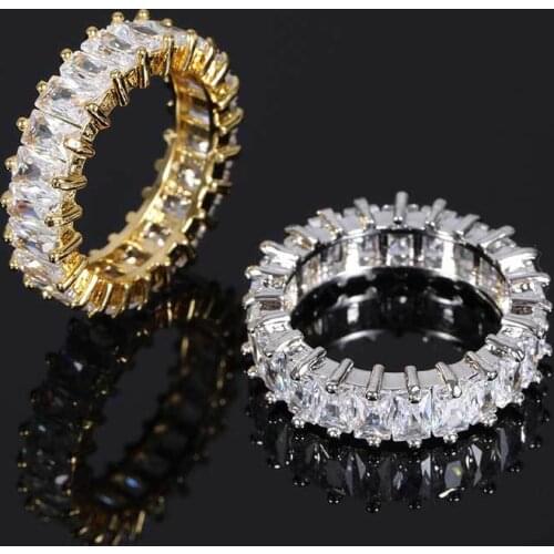 1 Row AAA+ Baguette Cubic Zircon Mens Ring Tennis Copper Charm Gold Plated Rock Jewelry