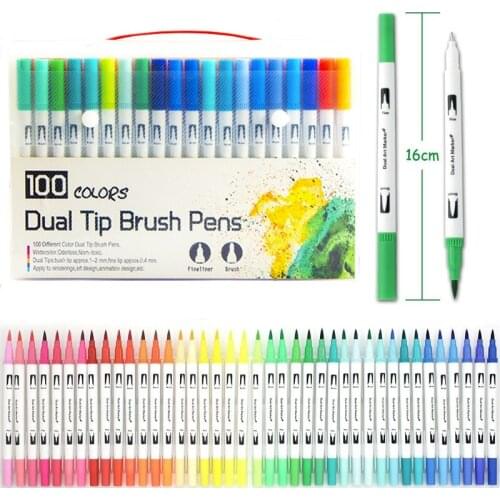 100Colors Double-headed Tip Watercolor Pen Brush Dual Tip Fineliner Drawing Office For School Markers Supplies Set Artist Sketch