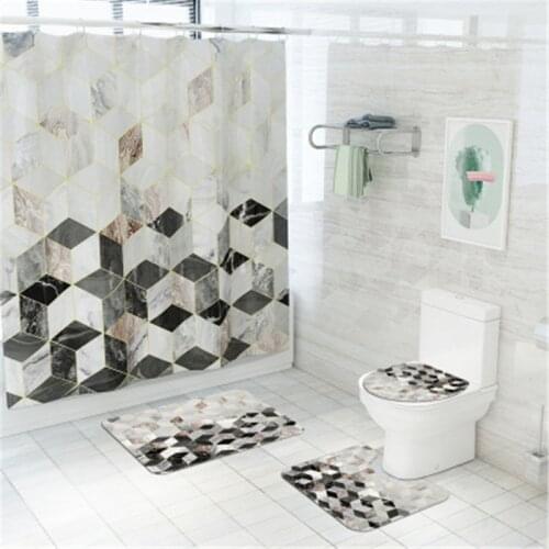 4Pcs/set Bathroom Mat Set Non-slip Marbleize Bath Mat Coral Fleece Shower Curtain Floor Mat Washable Bathroom Toilet Rug