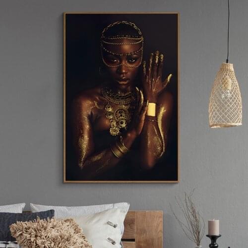 African Woman Posters and Prints Black and Gold Women Oil Painting On The Wall Modern Art Canvas Picture for Living Room Cuadros