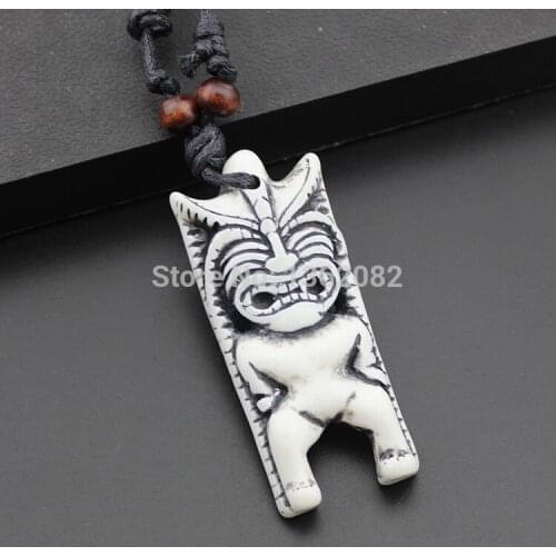 White Imitation Bone Carved Hawaii Totem Tiki Pendants Amulet Necklace Gift MN375