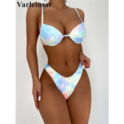 Tie Dye With Sarong Bra Cup Bikini Push Up Swimsuit Female Swimwear Women Three-pieces Bikini set Bather Bathing Suit V2915B