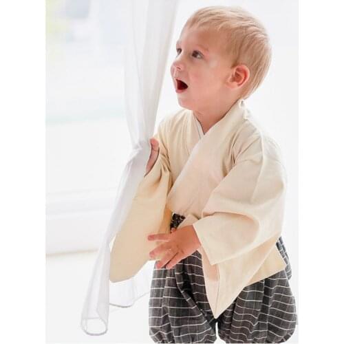 MILANCEL 2021 Summer Baby Suit Simple Japanese Kimono Solid Long Sleeve Tees and Plaid Loose Shorts Toddle 2Pcs Sets