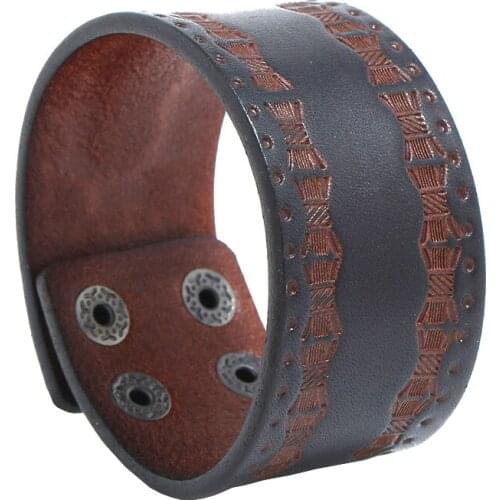 Brown Genuine Leather Bracelet Punk Men Bracelet 3.8cm Width Embossed Vintage Pattern Jewelry Gift Men Male Accessories