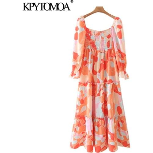 KPYTOMOA Women 2021 Fashion With Ties Printed Smocked Elastic Midi Dress Vintage Three Quarter Sleeve Female Dresses Vestidos