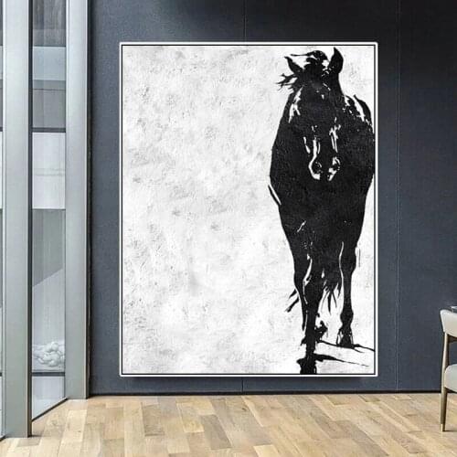 Minimalist Black White Horse Picture Hand Painted Abstract Oil Painting On Canvas Wall Art For Living Room Home Decor No Frame