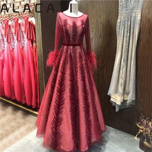 2019 new luxury velvet French feather evening dress party show wedding long section long sleeve Middle Eastern evening dress fem
